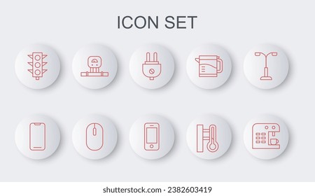 Ajuste línea Máquina de café, Smartphone, enchufe eléctrico, termómetro de meteorología, semáforo, sensor, ratón de ordenador e icono. Vector