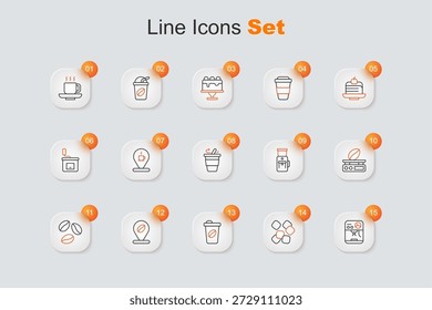 Máquina de café, Cubos de azúcar, taza para llevar, Locación con grano de café, frijoles, escalas Electrónicas, molinillo eléctrico e icono. Vector