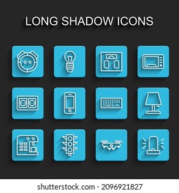 Set line Coffee machine, Traffic light, Robot vacuum cleaner, Drone flying, Flasher siren, Smartphone, Table lamp and Keyboard icon. Vector