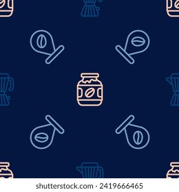 Set line Coffee maker moca pot, Location with coffee bean and jar bottle on seamless pattern. Vector