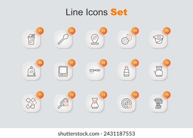 Set line Coffee maker moca pot, Medal for coffee, Pour over, Spatula with grain, Sugar cubes, Kettle handle, Milk bottle and filter holder icon. Vector