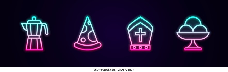 Set line Coffee maker moca pot, Slice pizza, Pope hat and Ice cream in the bowl. Glowing neon icon. Vector