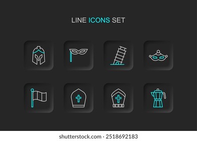 Set line Coffee maker moca pot, Pope hat, Flag Italy, Carnival mask, Leaning tower in Pisa,  and Roman army helmet icon. Vector