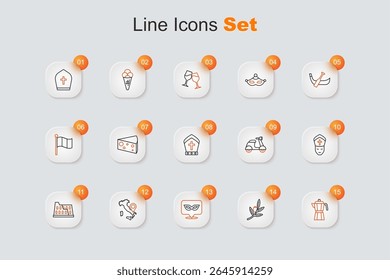 Set line Coffee maker moca pot, Olives branch, Carnival mask, Map Italy, Coliseum, Pope, Scooter and hat icon. Vector