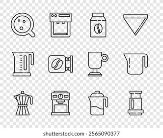 Set line Coffee moca pot, Aeropress coffee, Bag beans, machine, cup, Street signboard, French and  icon. Vector