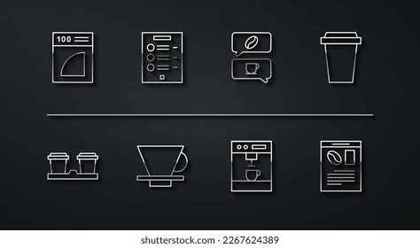 Set line Coffee paper filter, cup to go, machine, V60 coffee maker, menu, Newspaper and and conversation icon. Vector