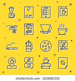 Set line Coffee poster, Street signboard coffee, cup, menu, Newspaper and, bean, branch, Electric grinder and V60 maker icon. Vector