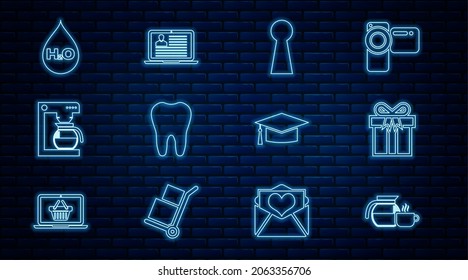 Set line Coffee pot with cup, Gift box, Keyhole, Tooth, machine, Water drop H2O, Graduation cap and Laptop resume icon. Vector