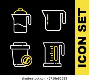 Set line Coffee pot, Electric kettle, cup to go and French press icon. Vector