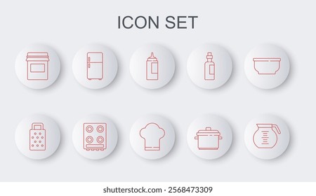 Set line Coffee pot, Grater, Sauce bottle, Cooking, Jam jar, Refrigerator, Gas stove and Chef hat icon. Vector