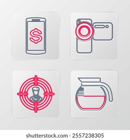 Set line Coffee pot, Head hunting, Cinema camera and Smartphone with dollar icon. Vector