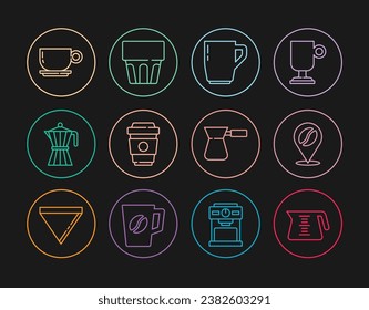 Set-line Kaffeekanne, Lage mit Kaffeebohnen, Tasse, zu gehen, Moca, Schilf und Glas Wasser Symbol. Vektorgrafik