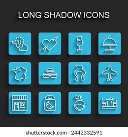 Set line Coffee shop, Croissant package, Poodle dog, Perfume, French cafe, Macaron cookie, Plane and Frog legs icon. Vector