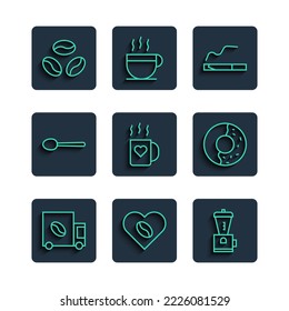 Set line Coffee street truck machine, Lovers, Electric coffee grinder, Cigarette, cup and heart, Spoon, beans and Donut with sweet glaze icon. Vector