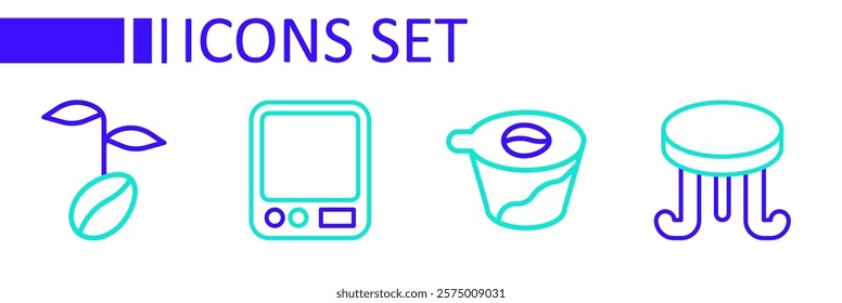 Set line Coffee table, Pour over coffee maker, Electronic scales and beans icon. Vector