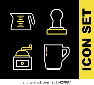 Set línea de café tamper, taza, molinillo de café manual y el icono de la olla. Vector