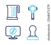 Set line Coffee tamper, Location with coffee bean, filter holder and Electric kettle icon. Vector