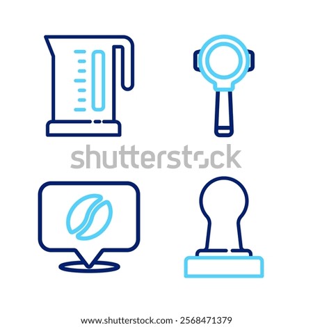 Set line Coffee tamper, Location with coffee bean, filter holder and Electric kettle icon. Vector