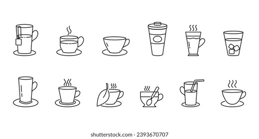 Set of line coffee and tea icons. Cup line icon set. Tea, drinks, cocoa, cup, coffee. Cup sings for design. Linear icons for hot drinks. Hot beverages icons set. Vector illustrations.