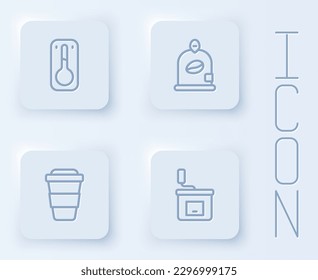 Set-line-Kaffeekontroller, Beutel Kaffeebohnen, Tasse zu gehen und Manuelle Schleifmaschine. Weißer Quadrat-Knopf. Vektorgrafik