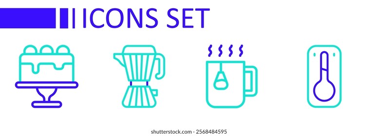 Set line Coffee thermometer, Cup tea with bag, maker moca pot and Cake icon. Vector