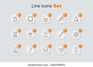 Set line Coffee thermometer, Pour over coffee maker, table, Tea bag, book, Medal for, Sugar stick packets and  icon. Vector