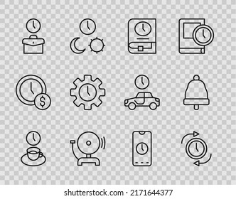 Set line Coffee time, Clock with arrow, Time for book, Ringing alarm bell, Work, Management, Alarm clock app mobile and  icon. Vector