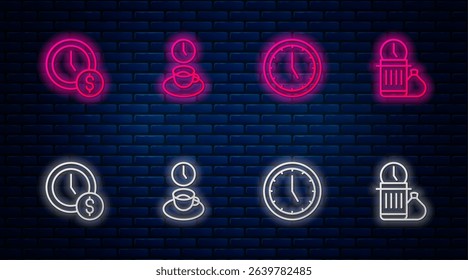 Set line Coffee time, Clock, Time is money and Waste. Glowing neon icon on brick wall. Vector