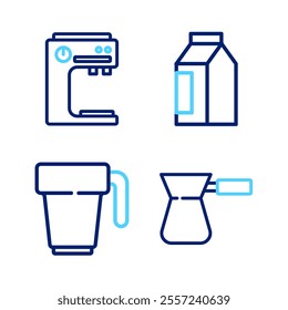 Set line Coffee turk, cup, Bag coffee beans and machine icon. Vector