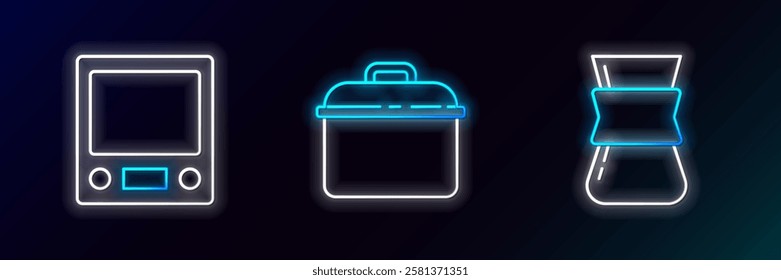 Set line Coffee turk, Electronic scales and Cooking pot icon. Glowing neon. Vector