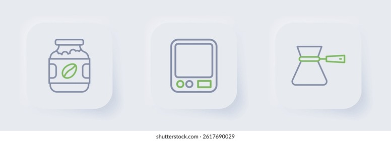 Set line Coffee turk, Electronic coffee scales and jar bottle icon. Vector