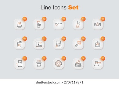 Set line Café turk, balanzas Electrónicas, Donut, taza para llevar, Hervidor de agua con mango, Bolsa de granos, Filtrar titular e icono. Vector