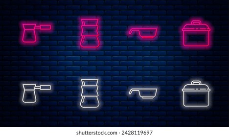 Set line Coffee turk, Frying pan,  and Cooking pot. Glowing neon icon on brick wall. Vector
