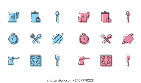 Set line Coffee turk, Gas stove, Measuring cup, Spatula, Crossed fork and spoon, Rolling pin, Kitchen timer and Cooking pot kitchen icon. Vector