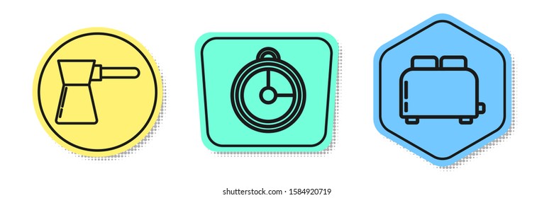 Set line Coffee turk , Kitchen timer  and Toaster with toasts . Colored shapes. Vector