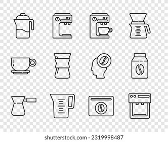 Set line Coffee turk, machine, Jug glass with water, French press, Pour over coffee maker, Bag beans and  icon. Vector