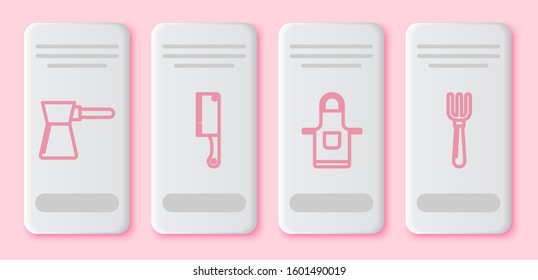 Set line Coffee turk , Meat chopper , Kitchen apron  and Fork . White rectangle button. Vector