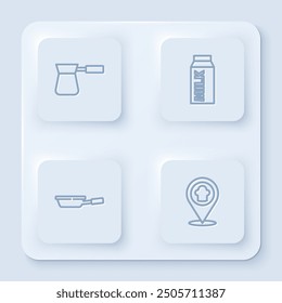 Set line Coffee turk, Paper package for milk, Frying pan and Chef hat with location. White square button. Vector