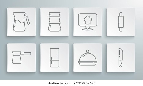 Set line Coffee turk, Refrigerator, Covered with tray food, Knife, Chef hat location, Rolling pin and Jug glass water icon. Vector