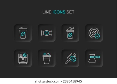 Set line Coffee turk, Spatula with coffee grain, cup to go, machine, Medal for, Iced, Candy and  icon. Vector