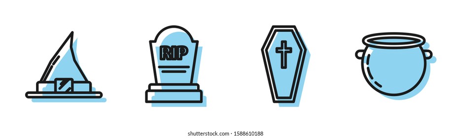 Set line Coffin with christian cross , Witch hat , Tombstone with RIP and Halloween witch cauldron  icon. Vector