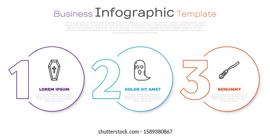 Set line Coffin with christian cross , Ghost  and Witches broom . Business infographic template. Vector