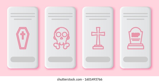 Set line Coffin with christian cross , Skull on crossbones , Tombstone with cross  and Tombstone with RIP. White rectangle button. Vector