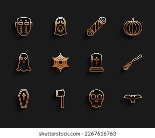 Set line Coffin with christian cross, Wooden axe, Hockey mask, Skull, Flying bat, Spider web, Witches broom and Tombstone icon. Vector