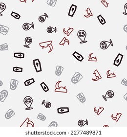 Set line Coffin with christian cross, Happy Halloween holiday, Funny and scary ghost mask and Moon stars on seamless pattern. Vector