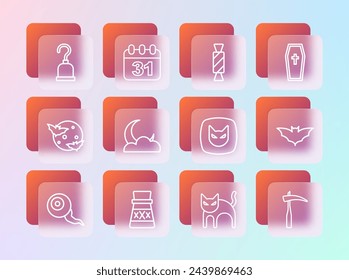 Set line Coffin with christian cross, Bottle potion, Black cat, Moon and stars, Candy, Pirate hook and Halloween date 31 october icon. Vector