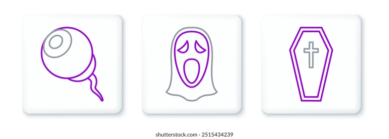 Set line Coffin with christian cross, Eye and Funny and scary ghost mask for Halloween icon. Vector