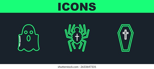 Set line Coffin with christian cross, Ghost and Spider icon. Vector