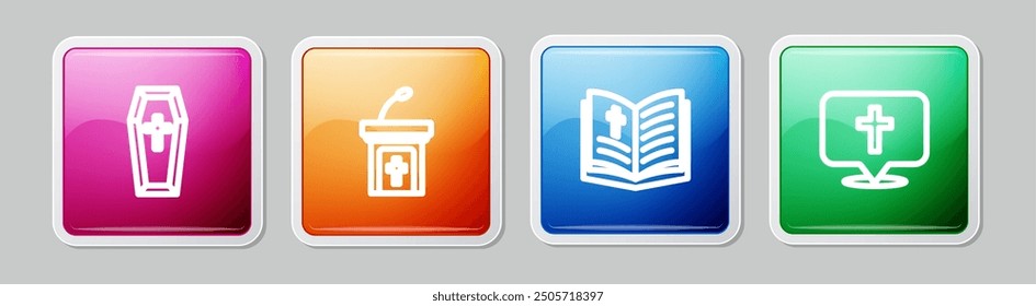 Set line Coffin, Church sermon tribune, Holy bible book and Location church building. Colorful square button. Vector
