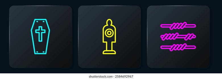 Set line Coffin with cross, Barbed wire and Human target sport for shooting. Black square button. Vector